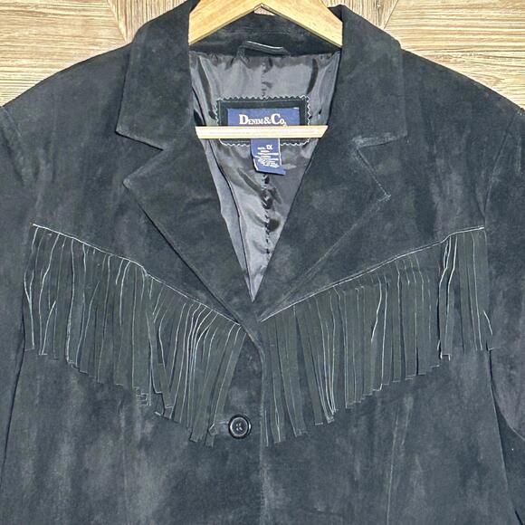 Vintage Denim & Co Black Leather Suede Fringe Jacket Western Boho Size 1X - Picture 2 of 6